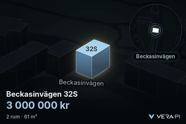 VERA PI's image of Beckasinvägen 32S: the building in 3D, lit in blue, and the map around it
