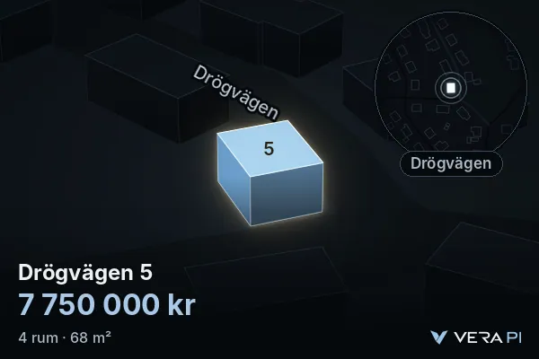 VERA PI's image of Drögvägen 5: the building in 3D, lit in blue, and the map around it
