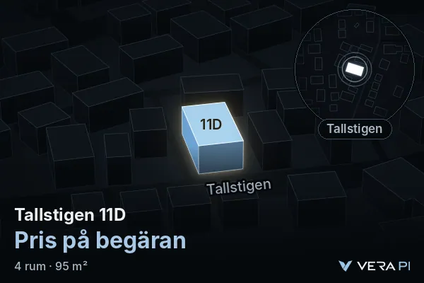 VERA PI's image of Tallstigen 11D: the building in 3D, lit in blue, and the map around it