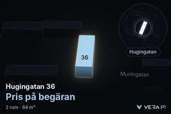 VERA PI's image of Hugingatan 36: the building in 3D, lit in blue, and the map around it