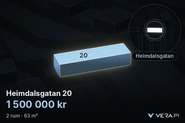 VERA PI:s bild av Heimdalsgatan 20: huset i 3D, upplyst i blått, och kartan runt omkring