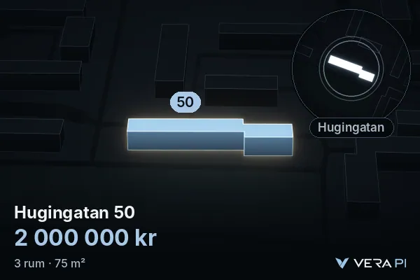 VERA PI's image of Hugingatan 50: the building in 3D, lit in blue, and the map around it