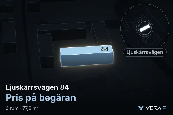 VERA PI:s bild av Ljuskärrsvägen 84: huset i 3D, upplyst i blått, och kartan runt omkring