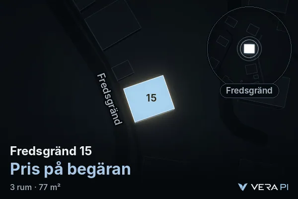 VERA PI:s bild av Fredsgränd 15: huset i 3D, upplyst i blått, och kartan runt omkring
