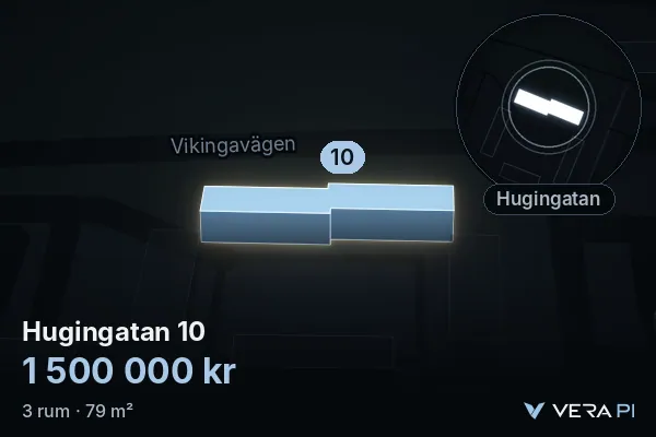 VERA PI's image of Hugingatan 10: the building in 3D, lit in blue, and the map around it