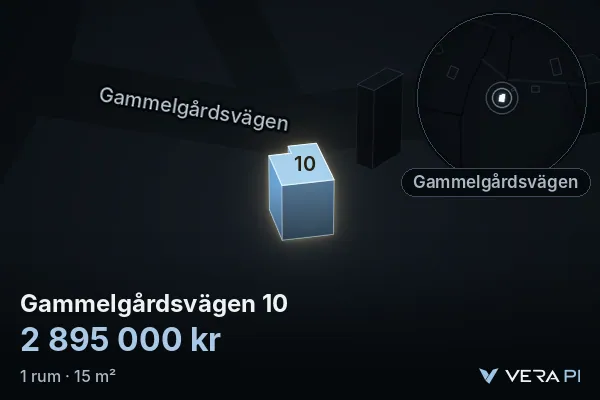 VERA PI:s bild av Gammelgårdsvägen 10: huset i 3D, upplyst i blått, och kartan runt omkring