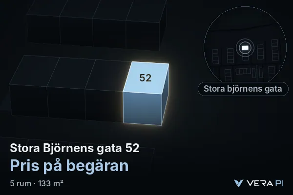VERA PI:s bild av Stora Björnens gata 52: huset i 3D, upplyst i blått, och kartan runt omkring