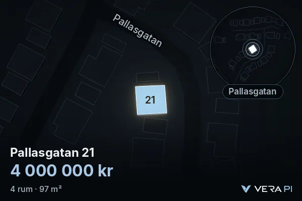 VERA PI:s bild av Pallasgatan 21: huset i 3D, upplyst i blått, och kartan runt omkring
