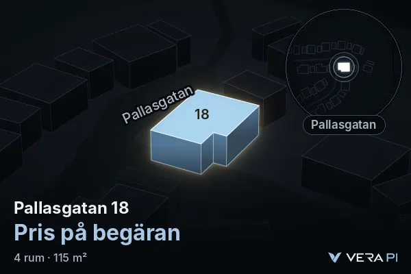 VERA PI's image of Pallasgatan 18: the building in 3D, lit in blue, and the map around it