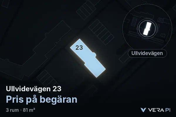 VERA PI's image of Ullvidevägen 23: the building in 3D, lit in blue, and the map around it