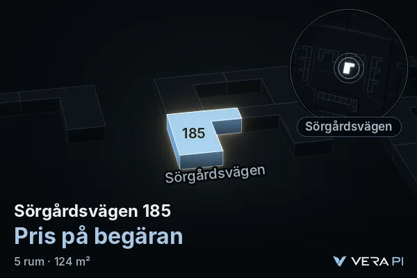 VERA PI:s bild av Sörgårdsvägen 185: huset i 3D, upplyst i blått, och kartan runt omkring