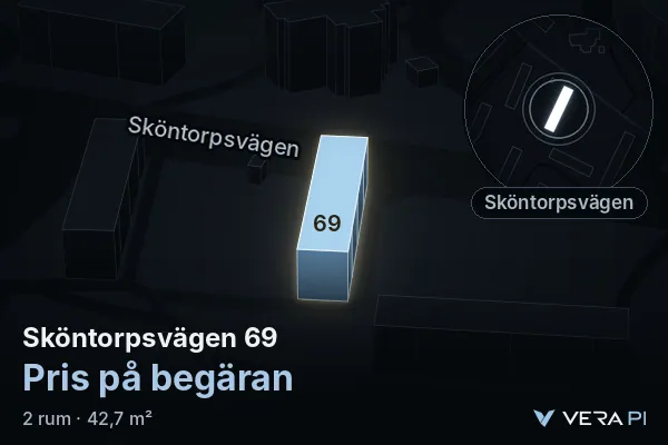 VERA PI's image of Sköntorpsvägen 69: the building in 3D, lit in blue, and the map around it