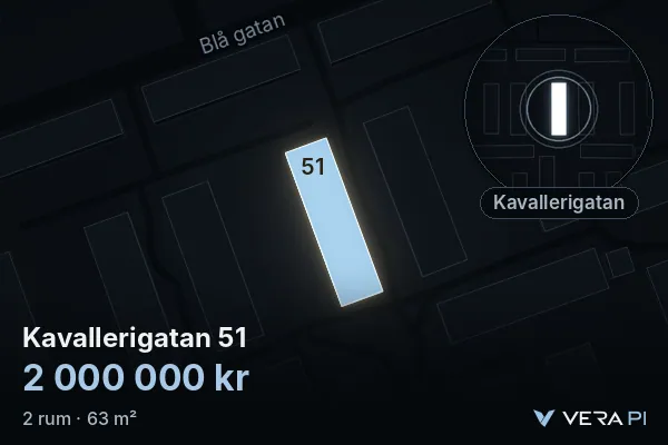 VERA PI:s bild av Kavallerigatan 51: huset i 3D, upplyst i blått, och kartan runt omkring