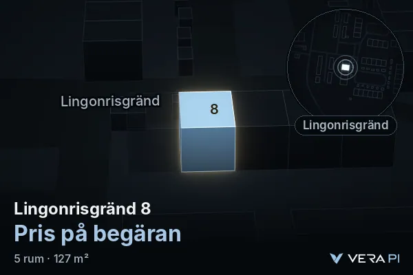 VERA PI's image of Lingonrisgränd 8: the building in 3D, lit in blue, and the map around it