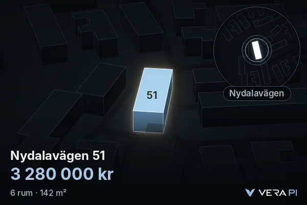 VERA PI:s bild av Nydalavägen 51: huset i 3D, upplyst i blått, och kartan runt omkring