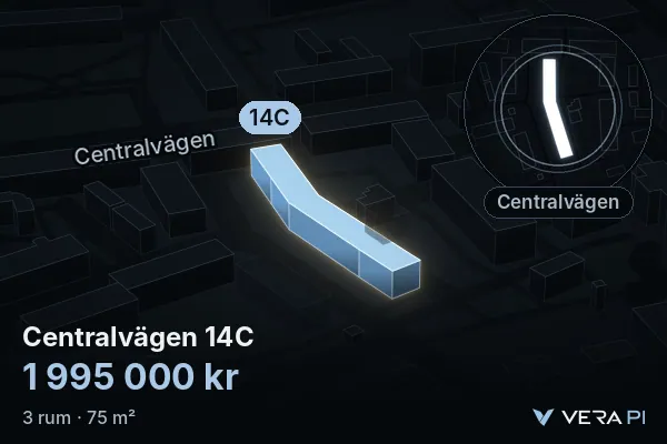 VERA PI:s bild av Centralvägen 14C: huset i 3D, upplyst i blått, och kartan runt omkring