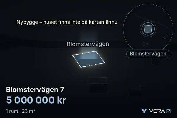 VERA PI:s bild av Blomstervägen 7: huset i 3D, upplyst i blått, och kartan runt omkring