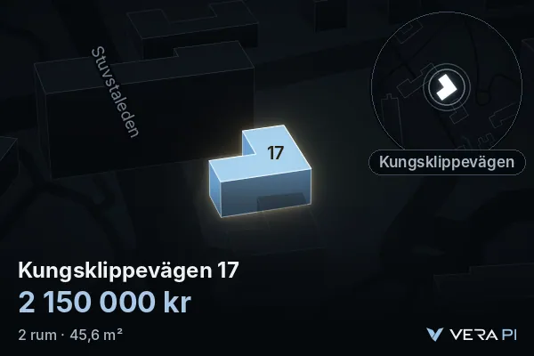 VERA PI:s bild av Kungsklippevägen 17: huset i 3D, upplyst i blått, och kartan runt omkring