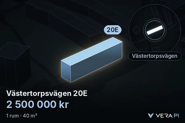 VERA PI:s bild av Västertorpsvägen 20E: huset i 3D, upplyst i blått, och kartan runt omkring