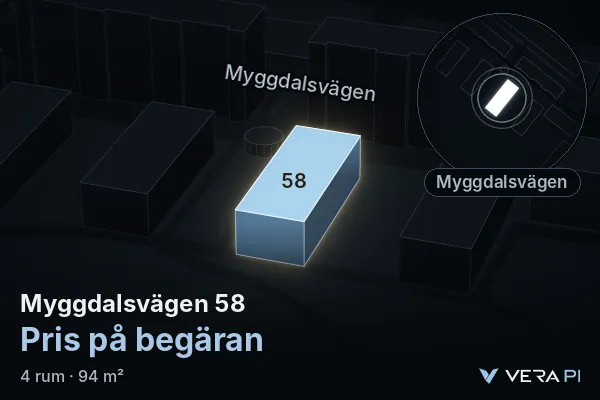VERA PI's image of Myggdalsvägen 58: the building in 3D, lit in blue, and the map around it