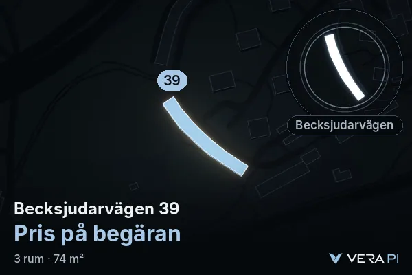 VERA PI:s bild av Becksjudarvägen 39: huset i 3D, upplyst i blått, och kartan runt omkring