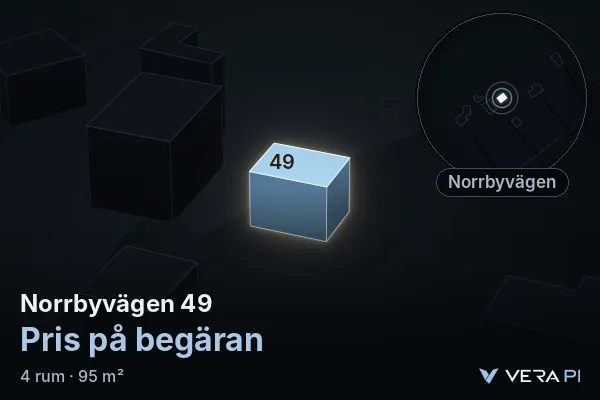 VERA PI:s bild av Norrbyvägen 49: huset i 3D, upplyst i blått, och kartan runt omkring