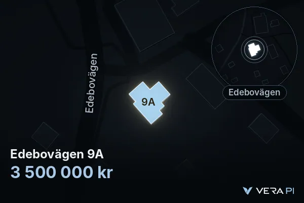 VERA PI's image of Edebovägen 9A: the building in 3D, lit in blue, and the map around it