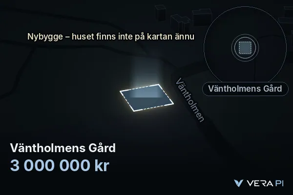 VERA PI:s bild av Väntholmens Gård: huset i 3D, upplyst i blått, och kartan runt omkring