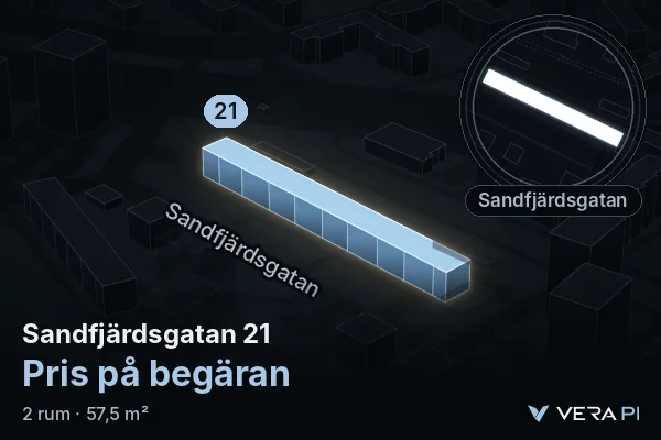 VERA PI's image of Sandfjärdsgatan 21: the building in 3D, lit in blue, and the map around it