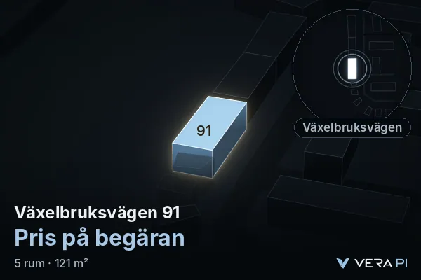 VERA PI:s bild av Växelbruksvägen 91: huset i 3D, upplyst i blått, och kartan runt omkring