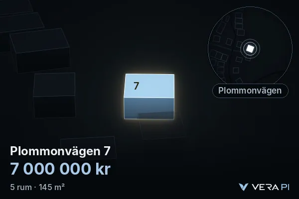VERA PI:s bild av Plommonvägen 7: huset i 3D, upplyst i blått, och kartan runt omkring