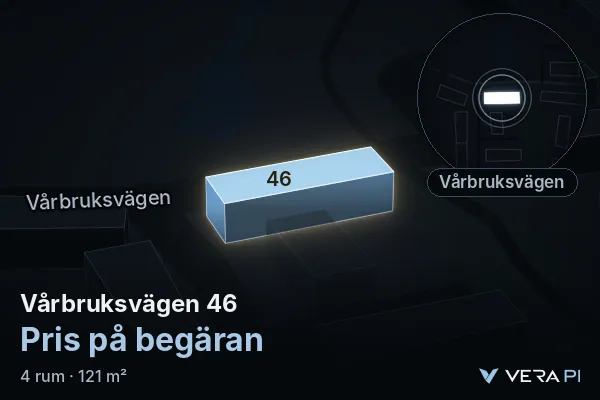 VERA PI:s bild av Vårbruksvägen 46: huset i 3D, upplyst i blått, och kartan runt omkring