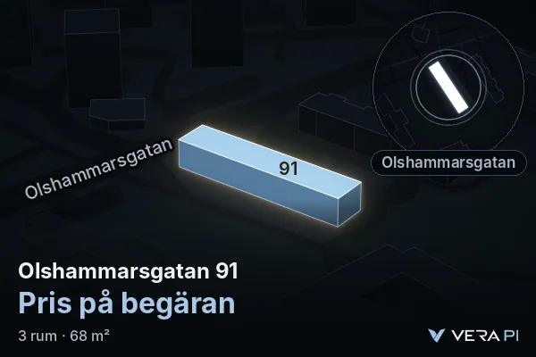 VERA PI's image of Olshammarsgatan 91: the building in 3D, lit in blue, and the map around it