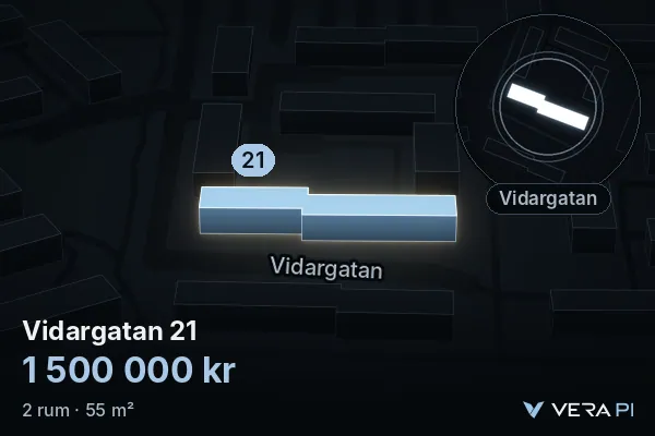 VERA PI's image of Vidargatan 21: the building in 3D, lit in blue, and the map around it