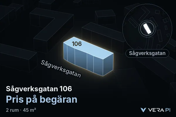 VERA PI's image of Sågverksgatan 106: the building in 3D, lit in blue, and the map around it