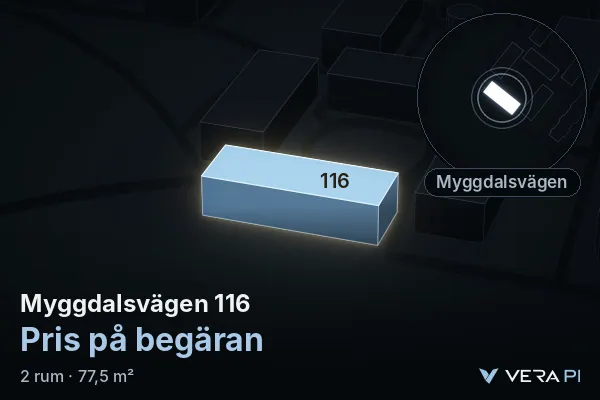 VERA PI:s bild av Myggdalsvägen 116: huset i 3D, upplyst i blått, och kartan runt omkring