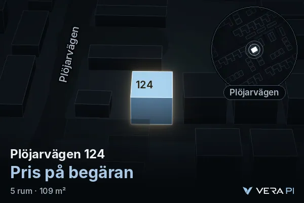 VERA PI:s bild av Plöjarvägen 124: huset i 3D, upplyst i blått, och kartan runt omkring