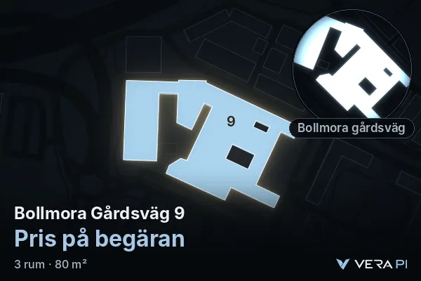 VERA PI's image of Bollmora Gårdsväg 9: the building in 3D, lit in blue, and the map around it