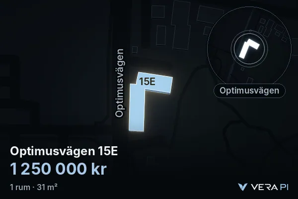 VERA PI:s bild av Optimusvägen 15E: huset i 3D, upplyst i blått, och kartan runt omkring