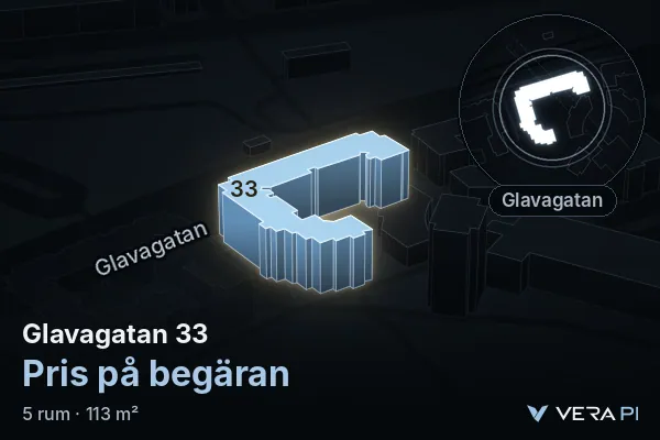 VERA PI's image of Glavagatan 33: the building in 3D, lit in blue, and the map around it
