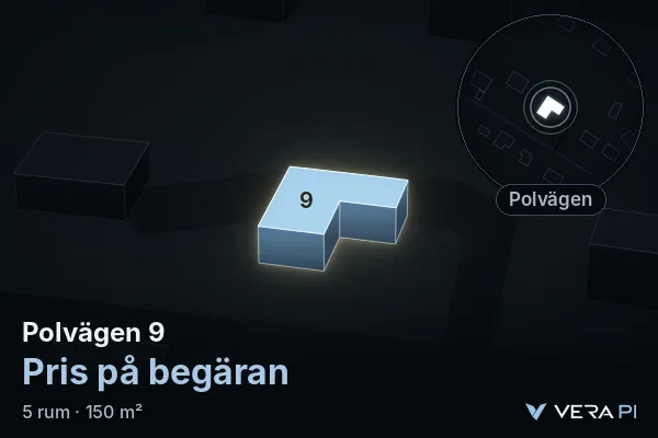 VERA PI:s bild av Polvägen 9: huset i 3D, upplyst i blått, och kartan runt omkring