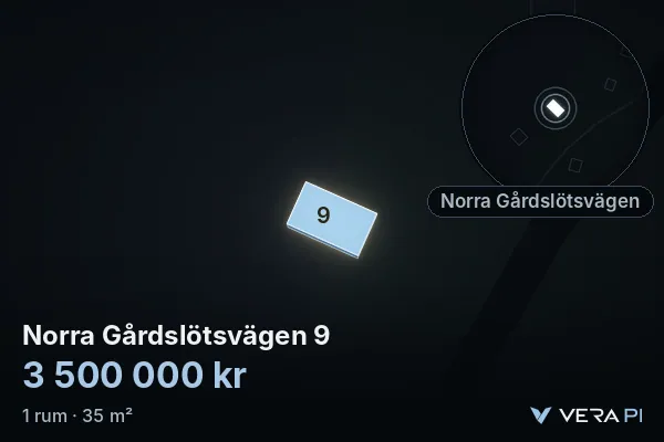 VERA PI:s bild av Norra Gårdslötsvägen 9: huset i 3D, upplyst i blått, och kartan runt omkring