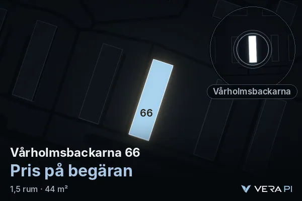 VERA PI:s bild av Vårholmsbackarna 66: huset i 3D, upplyst i blått, och kartan runt omkring