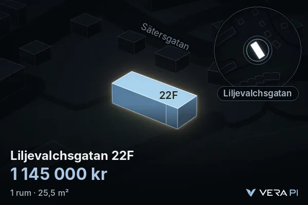 VERA PI:s bild av Liljevalchsgatan 22F: huset i 3D, upplyst i blått, och kartan runt omkring