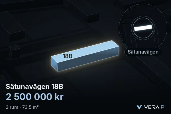 VERA PI's image of Sätunavägen 18B: the building in 3D, lit in blue, and the map around it