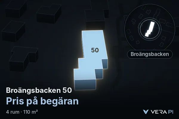 VERA PI's image of Broängsbacken 50: the building in 3D, lit in blue, and the map around it