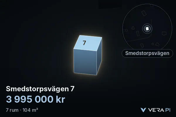 VERA PI's image of Smedstorpsvägen 7: the building in 3D, lit in blue, and the map around it