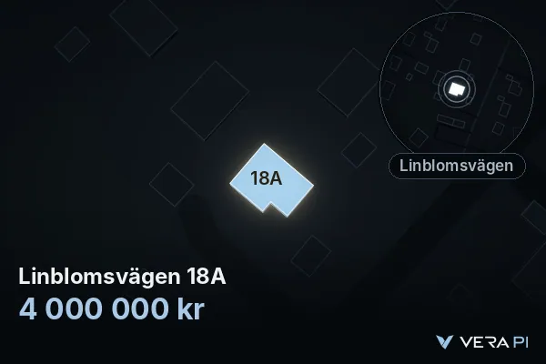 VERA PI's image of Linblomsvägen 18A: the building in 3D, lit in blue, and the map around it