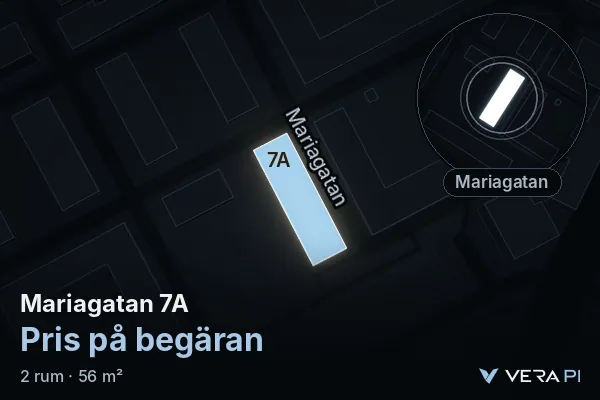 VERA PI:s bild av Mariagatan 7A: huset i 3D, upplyst i blått, och kartan runt omkring