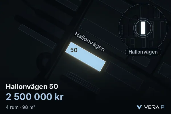 VERA PI:s bild av Hallonvägen 50: huset i 3D, upplyst i blått, och kartan runt omkring